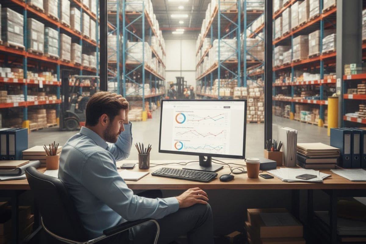 Cómo saber si tu página web está perdiendo clientes: empresario revisando estadísticas en su ordenador dentro de un almacén mientras analiza el rendimiento de su negocio online.