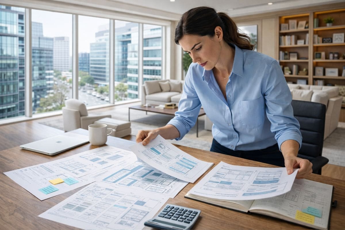empresaria revisando planos de diseño de una página web en una oficina moderna