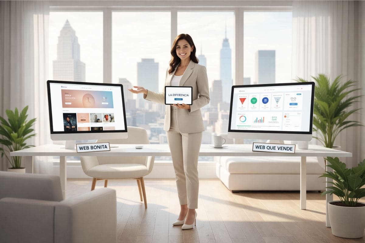 Diferencia entre una web bonita y una web que vende: empresaria mostrando en una oficina dos ejemplos de páginas web, una enfocada en diseño y otra optimizada para generar clientes.