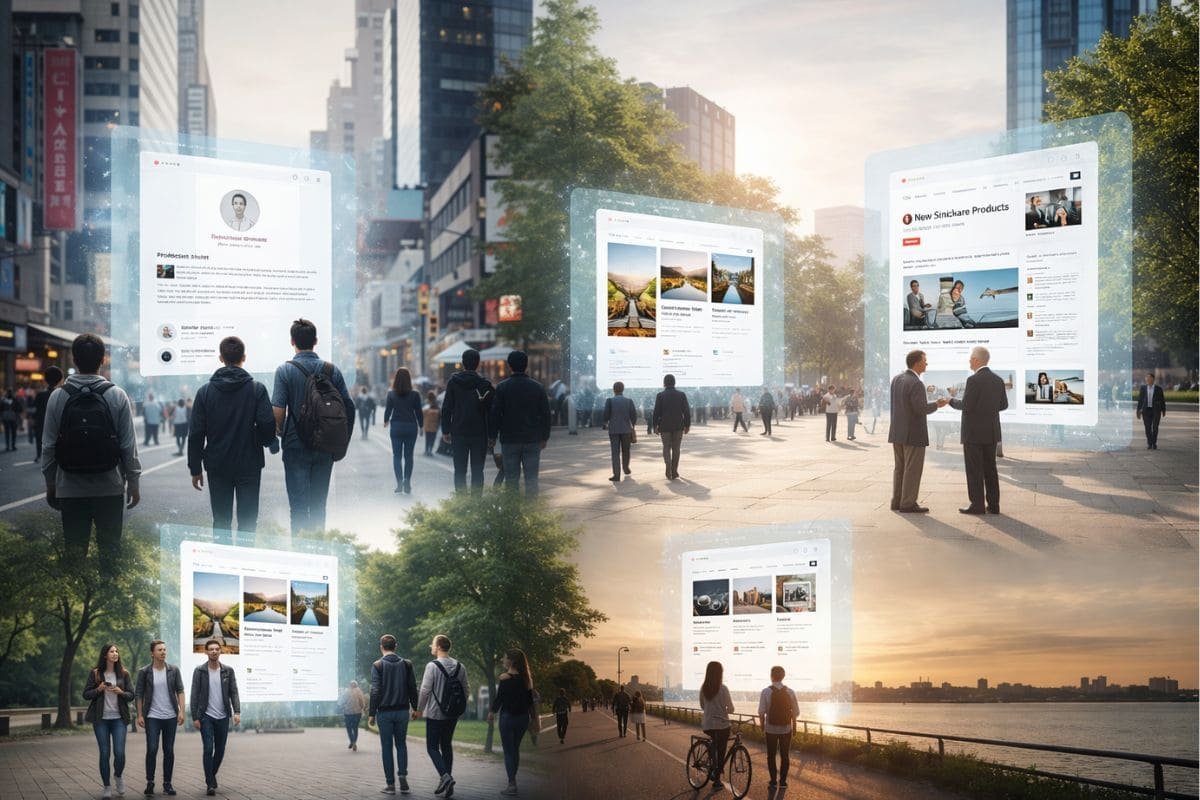 Por qué muchas páginas web no consiguen clientes: personas observando páginas web digitales en una ciudad, representando la falta de estrategia para convertir visitas en clientes.