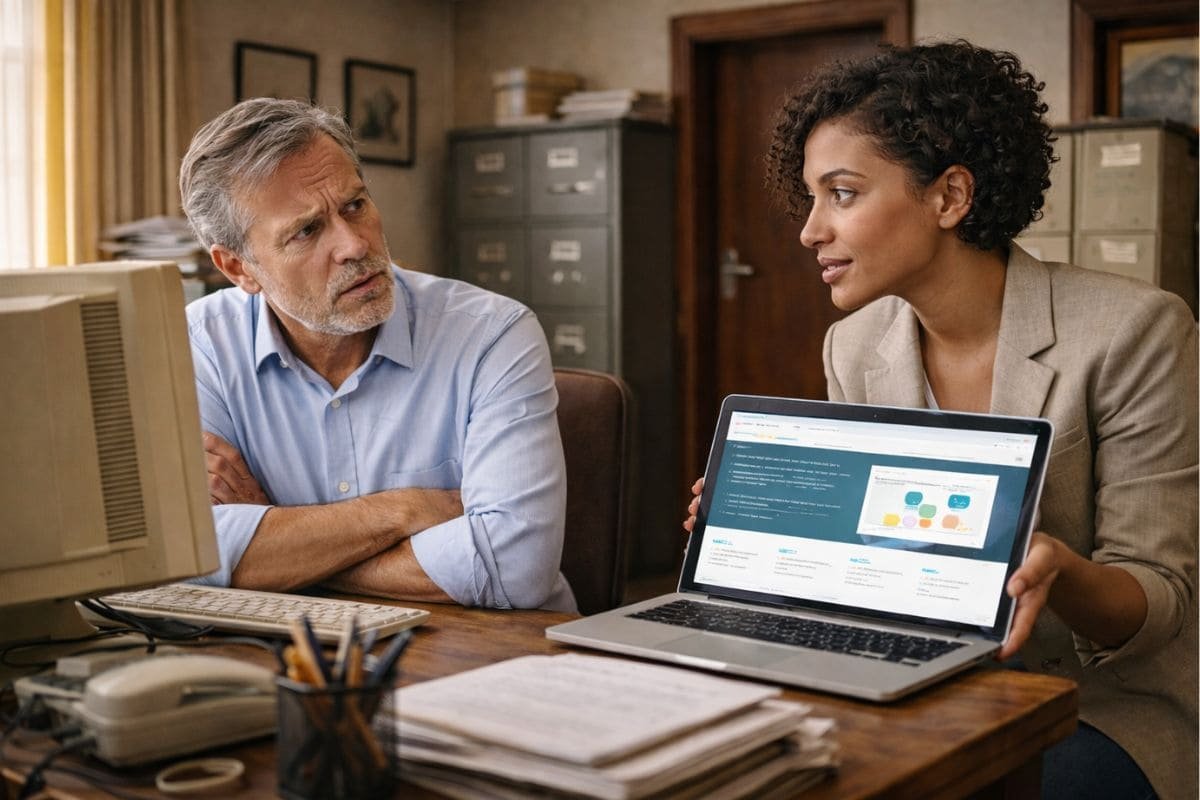 Por qué muchas empresas siguen sin tener página web en 2026: empresaria mostrando una página web en su portátil a un empresario que aún utiliza un ordenador antiguo en su oficina.