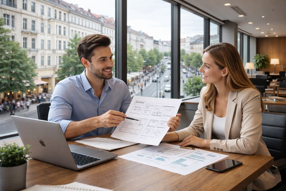 reunion analizando bocetos de una pagina web o tienda online para un negocio